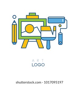 Abstract logo in line style with easel for drawing, pencil, brush and roller. Concept of hobby. Original graphic design for art studio. Colorful vector illustration