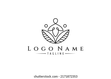 abstract logo of meditation or yoga people with combination of leaf shapes and water bubbles in line art design style concept