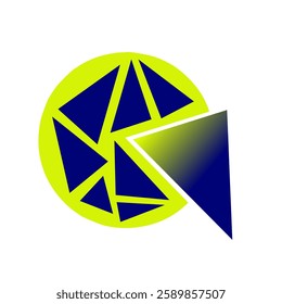 Abstract logo with modern geometric design. Green circles with blue triangular elements form a unique pattern, creating a futuristic and dynamic impression. One of the triangles appears separated with