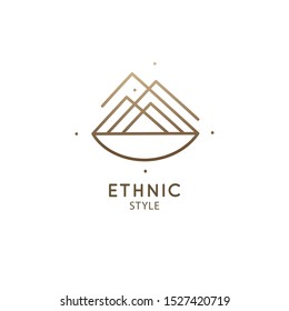 Abstract logo mountain in linear style. Graphic design geometric shape. Triangular shape of mountain in frame. Minimalistic landscape icon for design tattoo, yoga, travel, hiking, scientific research.