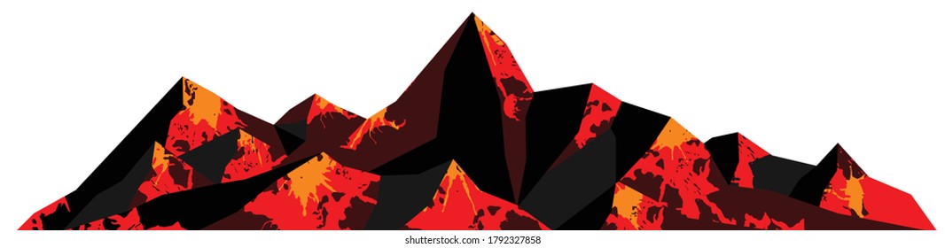 Abstract logo of mountain ranges, volcano with lava landscape, red and black tones. Vector background