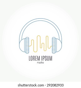 Abstract logo for music band, radio, broadcasting or recording studio. Headphones with wave.