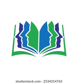 Un logotipo abstracto de un libro abierto en verde y azul que tiene rostros humanos como sus páginas para la psicología o el logotipo relacionado mental