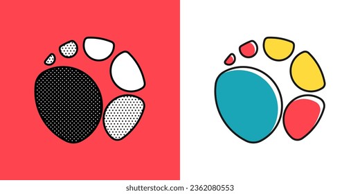 Abstraktes Logo. Optisches Illusionszeichen. Retro-3D-Symbole mit schwarz-weißem Polka-Punkte und farbigen Optionen. Vektorunmögliche Form für Halftonetiketten, Kryptofirmen, Spielmarken, Vintage-Plakate