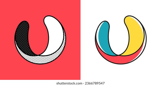 Logo abstracto. Señal de ilusión óptica. Iconos retro 3D con puntos de polka en blanco y negro y opciones de colores. Forma vectorial imposible para la etiqueta de medio tono, empresa criptográfica, marca de juegos, afiches vintage