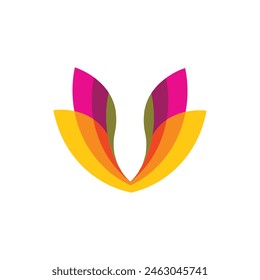 An abstract logo of pair of feathers in colorful tones forming a letter v on a white background and can be used as a logo for beauty related companies or products