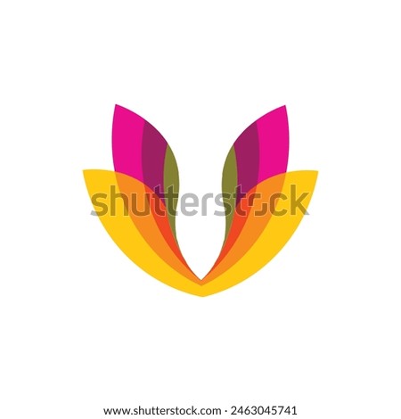 An abstract logo of pair of feathers in colorful tones forming a letter v on a white background and can be used as a logo for beauty related companies or products