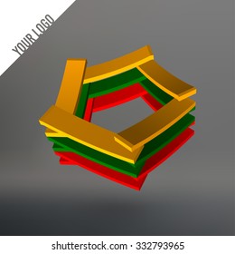 Abstract logo. Pentagon as leaves stacked. Planks stacked in a circle pentagon. Logo in the colors of the national flag of Lithuania