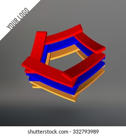 Abstract logo. Pentagon as leaves stacked. Planks stacked in a circle pentagon. Logo in the colors of the national flag of Armenia