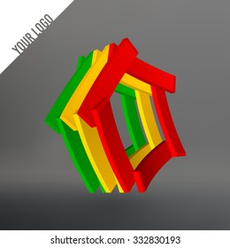 Abstract logo. Pentagon as leaves stacked. Planks stacked in a circle pentagon. Logo in the colors of the national flag of Mali