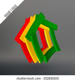 Abstract logo. Pentagon as leaves stacked. Planks stacked in a circle pentagon. Logo in the colors of the national flag of Guinea