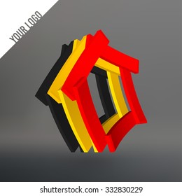 Abstract logo. Pentagon as leaves stacked. Planks stacked in a circle pentagon. Logo in the colors of the national flag of Belgium