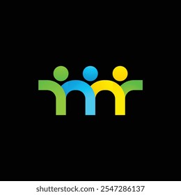 An abstract logo of abstract people forming together a letter m in lowercase in yellow green color on a black background that symbolizes teamwork and unity

