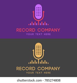 Abstract logo for recording studio, music band, radio, broadcasting studio.Microphones with the record lines and business text. Vector illustration, flat design.