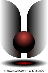 Abstract logo red ball between black gradient planes in the form of wings