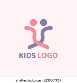 Abstract logo resembling two children, a face and a letter.