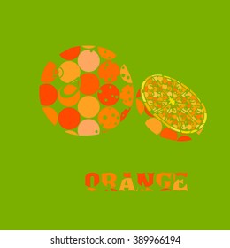 Abstract logo of ripe orange. Vector illustration on green background. Orange word. Orange symbol. Stylized graphic icon of tropical fruit. Organic, natural, fresh, vegetarian food.  Ripe citrus logo.