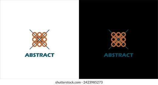 ABSTRACT LOGO ROUND AND CROSSLINES IN GOLD AND BLUE ON BLACK AND WHITE BACKGROUND