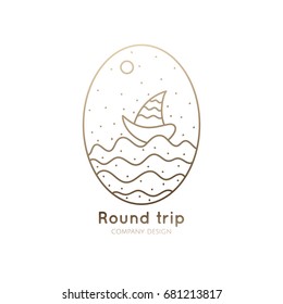 Abstract logo of a sailboat on waves. Vector icon ship in the sea. Outline oval emblems for design of business, holiday, travel agency, yachting club, voyage, round trip and cruise concept.