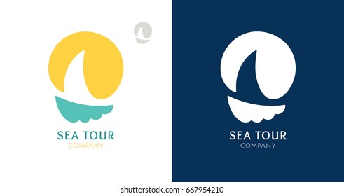 Abstract logo of a sailboat with sun. Vector icon ship in the sea with text. Round emblems for design of business, holiday, travel agency, yachting club, voyage, round trip and cruise concept.