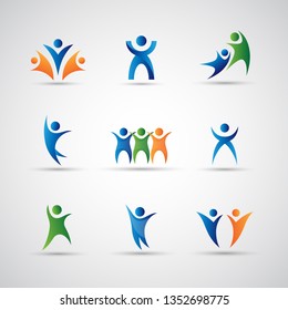 Abstract Logo Set. Human Figure Isolated On Gray Background. Icons Of Success, Celebration, Achievement And Activity. Vector Illustration Of People Logo, Graphic Design