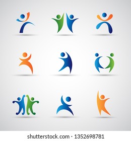 Abstract Logo Set. Human Figure Isolated On Gray Background. Icons Of Success, Celebration, Achievement And Activity. Vector Illustration Of People Logo, Graphic Design