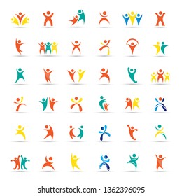 Abstract Logo Set. Human Figure Isolated On White Background. Icons Of Success, Character, Celebration, Achievement And Activity. Vector Illustration Concept Of People Logos, Graphic Design