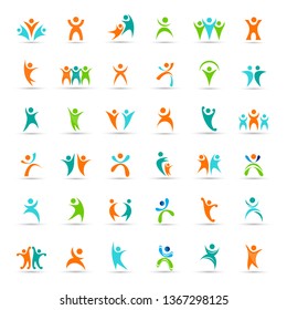 Abstract Logo Set. Human Figure Isolated On White Background. Icons Of Success, Character, Celebration, Achievement And Activity. Vector Illustration Concept Of People Logos, Graphic Design