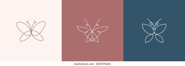 Conjunto de logotipos abstractos con mariposa de estilo lineal. Conjunto estético minimalista a la moda con dibujo de líneas simples de mariposas Para decoración de bodas, logotipo y arte lineal. EPS 10 vector.