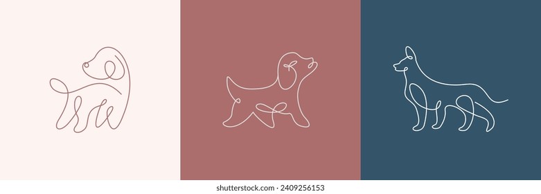 Abstract Logo Set with Linear Style Dogs. Trendy Minimalistic Set with Dog Simple Line Art Drawing. Vector EPS 10