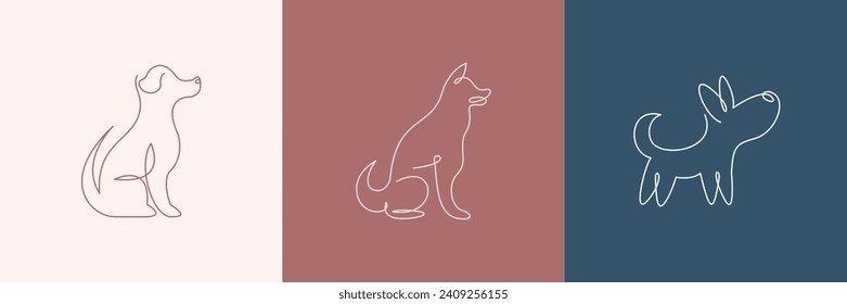 Abstract Logo Set with Linear Style Dogs. Trendy Minimalistic Set with Dog Simple Line Art Drawing. Vector EPS 10