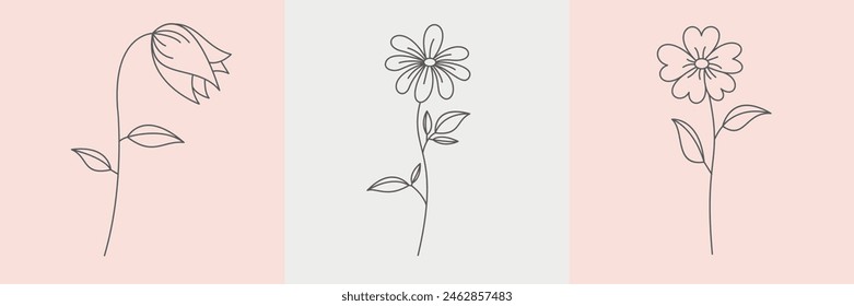 Abstract Logo Set with Linear Style Flower. Trendy Minimalistic Set with Flowers Simple Line Art Drawing. Vector EPS 10.