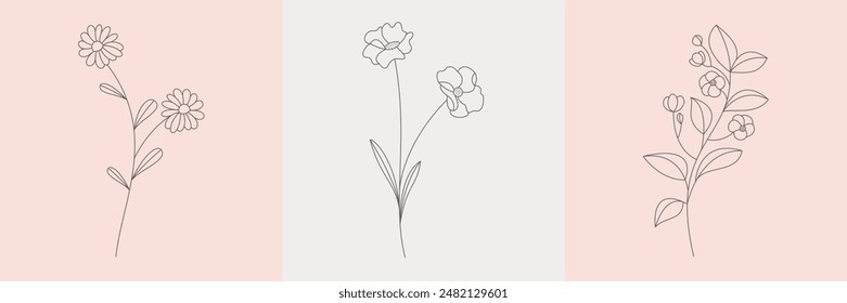 Abstract Logo Set with Linear Style Flower. Trendy Minimalistic Set with Flowers Simple Line Art Drawing. Vector EPS 10.