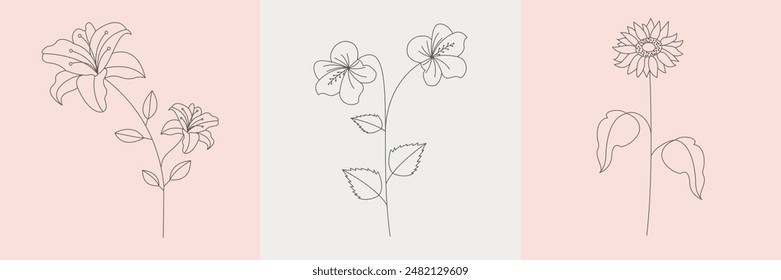 Abstract Logo Set with Linear Style Flower. Trendy Minimalistic Set with Flowers Simple Line Art Drawing. Vector EPS 10.