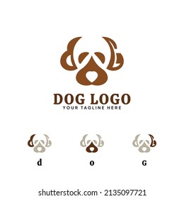 Abstract logo in the shape of a dog face, with the word dog