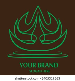 An abstract logo in the shape of a lotus flower with a combination of green main color and dark brown background