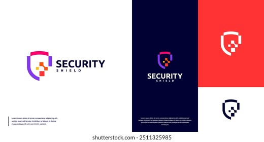 abstract logo shield and pixel digital tech, security system, graphic design template.