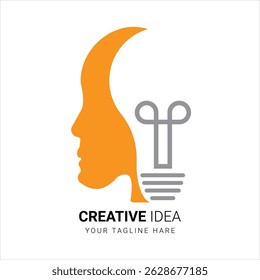 Abstract logo showing orange human head silhouette merged with a light bulb, symbolizing creative thinking, innovation and bright ideas	