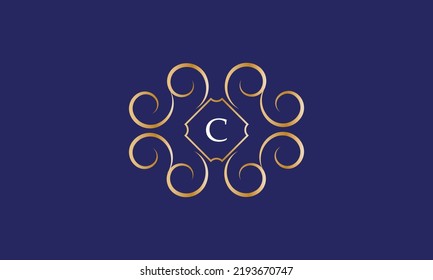 Abstract logo sign with letter C in the center. Gold monogram on a blue background