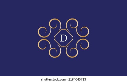 Abstract logo sign with letter D in the center. Gold monogram on a blue background