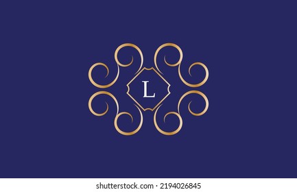 Abstract logo sign with letter M in the center. Gold monogram on a blue background
