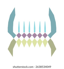 An abstract logo with a stylized, symmetrical pattern of teal and olive shapes forming horns or arms, with a center featuring light blue spikes and rows of purple and yellow diamonds.