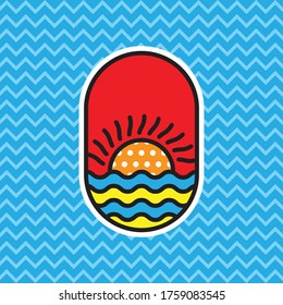 Resumen Logo Verano Playa Colorida Dibujo de Arte Pop Retro con fondo de fondo de patrón de semitono. Ilustración vectorial. Disponible para todos los medios de impresión.