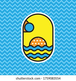 Abstract Logo Summer Beach Colourful Retro Pop Art Cartoon with Halftone Pattern Background Wallpaper. Vector Illustration. Available for all media printing.