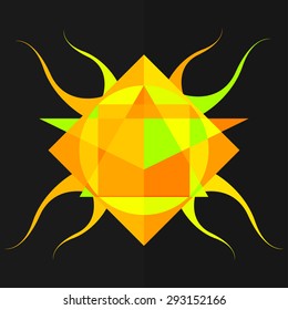 abstract logo of a sun with geometry and shades of yellow and luminous green - subtle t-shirt design