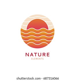 Abstract logo of sun, sea in circle.Vector icon with waves and sunset, isolated background. Round emblem for design of business, holiday, travel agency, ecology, voyage, round trip and cruise concept.