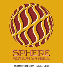 Abstract logo symbol in motion sphere shape on yellow background. Red emblem with moving flames.