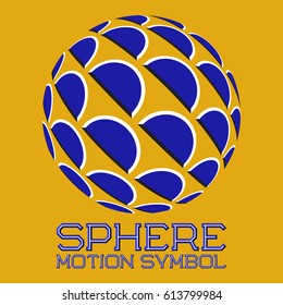 Abstract logo symbol in motion sphere shape on yellow background. Blue emblem with moving semicircles.
