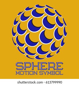 Abstract logo symbol in motion sphere shape on yellow background. Blue emblem with moving crescents.