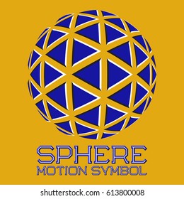 Abstract logo symbol in motion sphere shape on yellow background. Blue emblem with moving triangles.